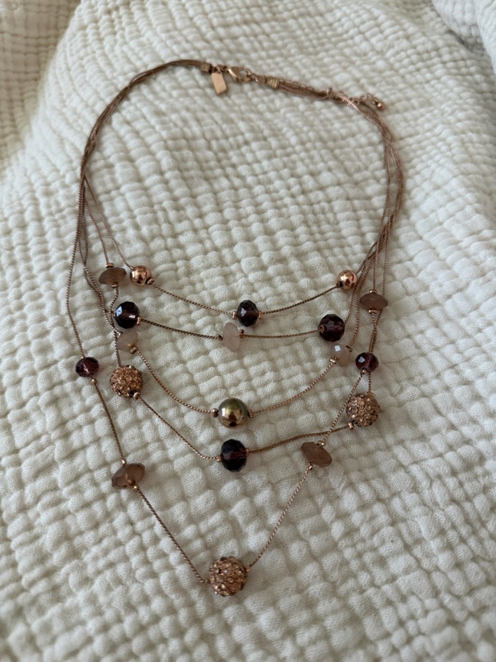 5 Strand Neutral Beaded layer layered necklace gold tone